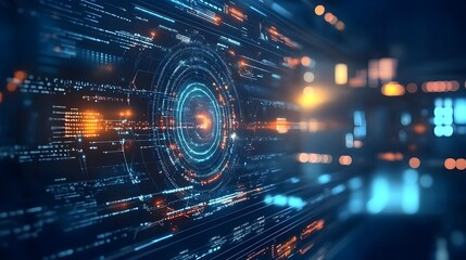 Futuristic digital data visualization on a modern high-tech virtual interface with abstract shapes,glowing neon lines,and a dynamic,technology-driven aesthetic.