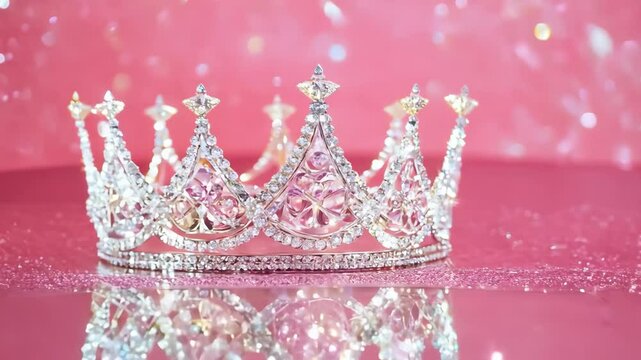 Elegant silver crown showcased on sparkling pink backdrop with shimmering reflections during a beauty pageant preparation