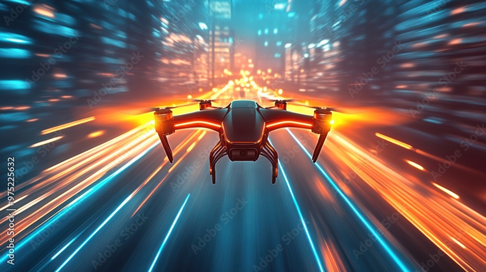 Poster futuristic solar-powered drones hovering over startup hub with glowing light trails and tech city in