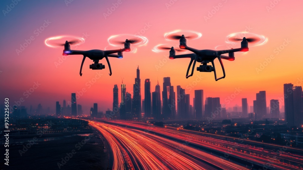Poster futuristic solar-powered drones hovering above a tech startup hub with glowing light trails and urba