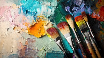 Fototapeta premium A collection of paintbrushes on a vibrant, textured palette of mixed colors.