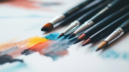 Fototapeta premium A close-up of paintbrushes arranged beside colorful paint strokes on paper.