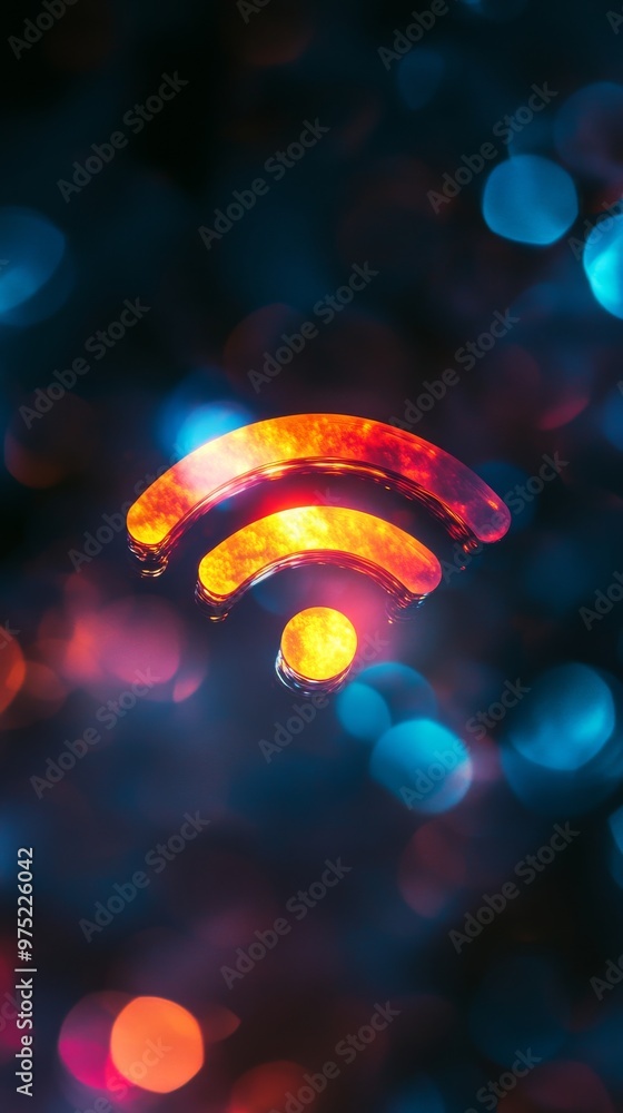 Poster glowing wifi symbol with colorful bokeh background