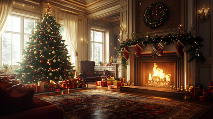 christmas tree with fireplace, generative a.i.