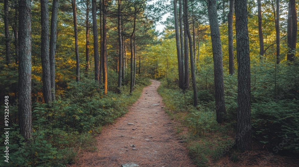 Canvas Prints A serene forest path winding through tall trees and lush greenery.