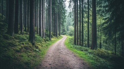 Fototapeta premium A serene forest path winding through tall trees, inviting exploration and tranquility.