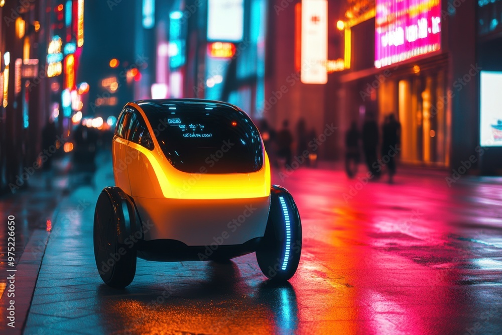 Poster cutting-edge autonomous delivery robots in futuristic smart city startup hub with warm illumination