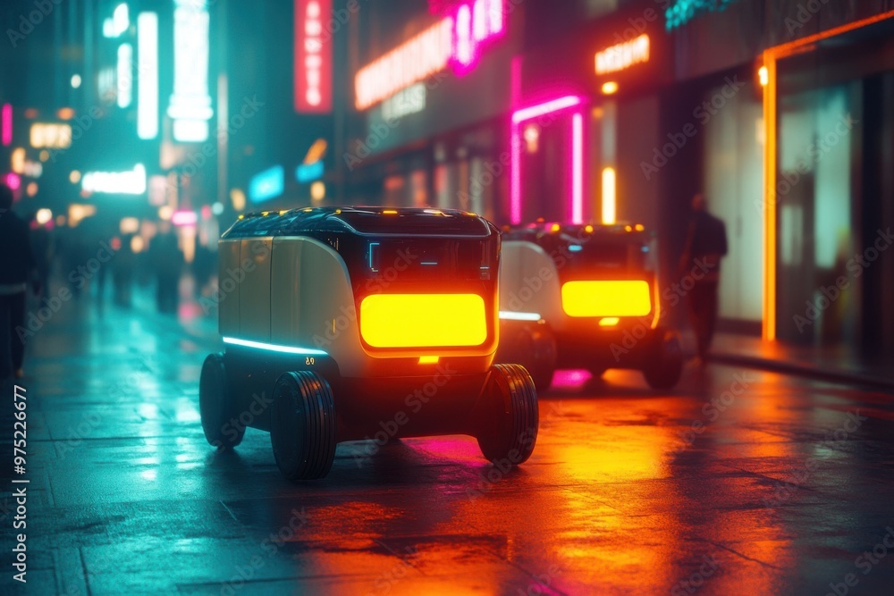 Poster futuristic autonomous delivery robots in smart city startup hub with warm lighting