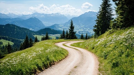 Obraz premium Scenic winding path through lush green hills and mountains under a clear blue sky.