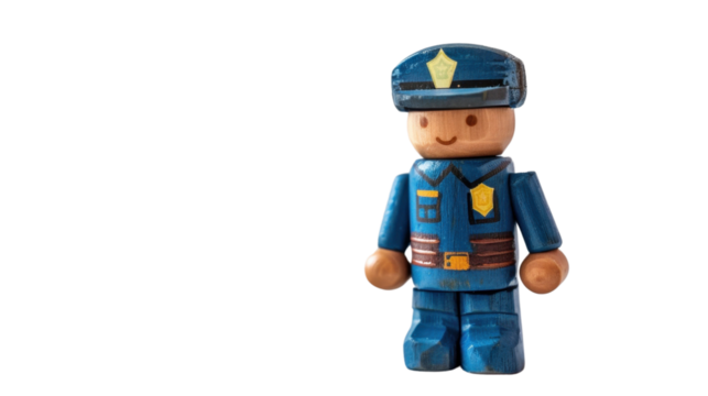 Toy wooden policeman with a helmet on transparent background