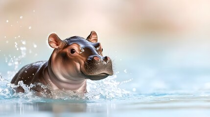 Fototapeta premium Playful MooDang Hippo Calf Splashing in Water - Adorable 2-Month-Old Hippo Waddling at Zoo Enclosure Heartwarming Moment of Joyful Exploration and Fun