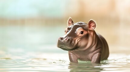 Fototapeta premium Playful Baby Hippo Exploring Zoo Habitat -MooDang Adorable 2-Month-Old Hippo with Glowing Skin and Water Ripples Captures Joyful Moment of Discovery