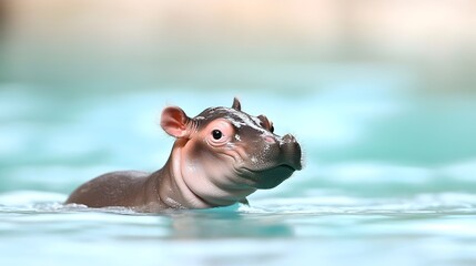 Fototapeta premium Playful Thai Hippo Calf (MooDang )Waddling Through Water - Joyful Moment with Curious 2-Month-Old Hippo Creating Splashes in Zoo Environment