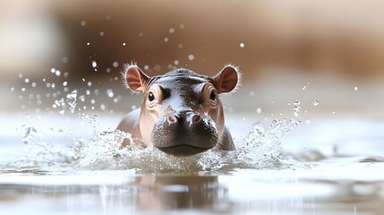 Playful Hippo Calf (MooDang )Waddling Through Water - Adorable 2-Month-Old Hippo Creating Joyful Splashes in the Zoo Perfect for Nature and Wildlife Photography