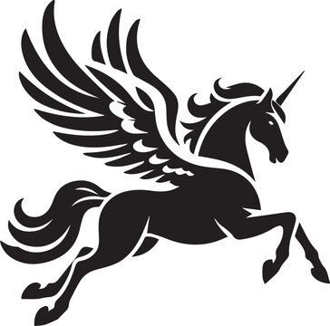 recommend clip art: Black silhouette of jumping Pegasus vector, unicorn, flying pegasus vector silhouette, winged horse icon,