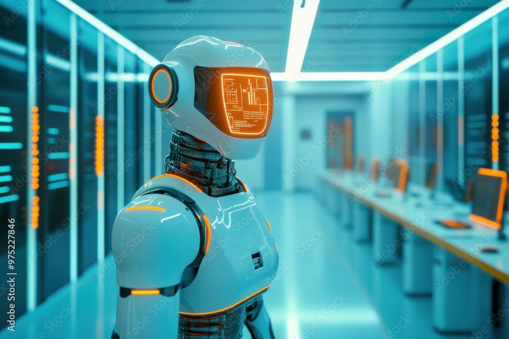 Poster futuristic startup lab with autonomous robotic assistants and glowing holograms
