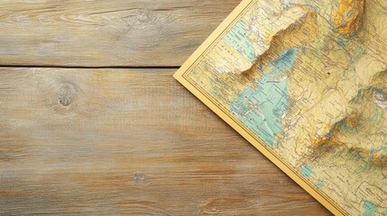 A map laid on a wooden surface, showcasing geographical features and topography.