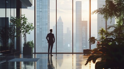 Plakat Business professional in a glass-walled office, cityscape view behind, focused on a project, office productivity, urban work environment