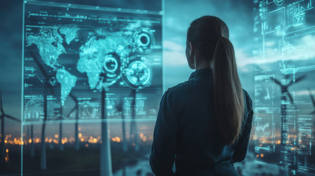 engineer overseeing wind turbine farm analyzes data through holographic interface, showcasing blend of technology and renewable energy - Powered by Adobe