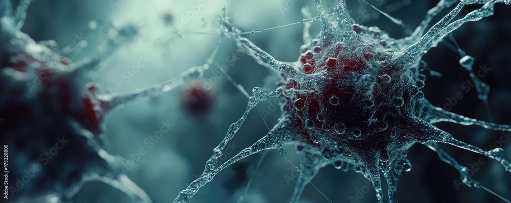 Poster detailed close-up of a cell with intricate structures, showcasing the complexity of biological life 
