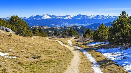 Scenic mountain path winding through lush grass and snow-capped peaks under a clear blue sky.