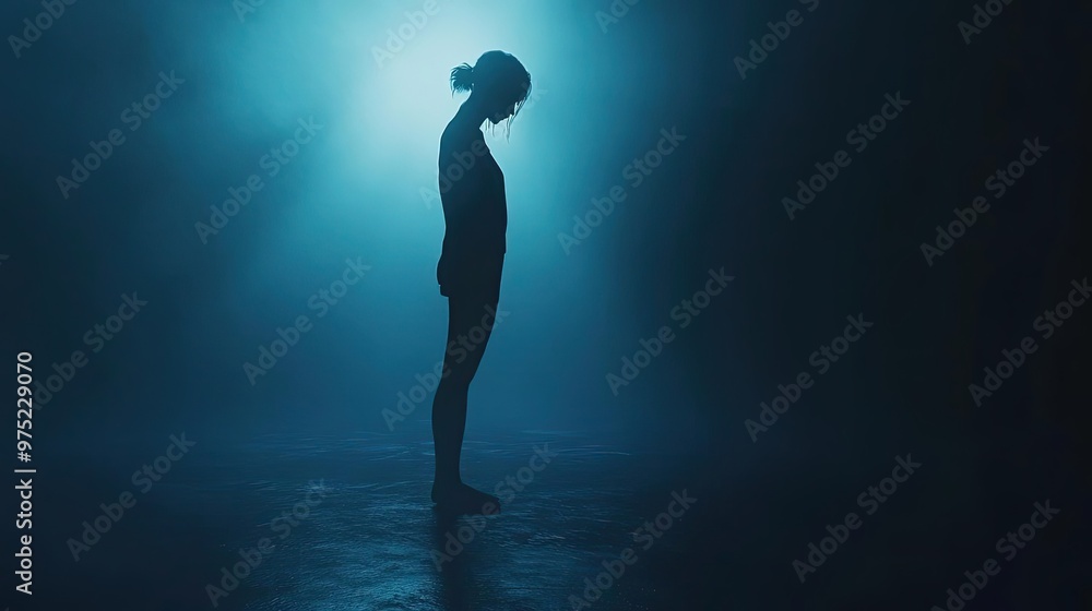 Poster silhouette of a figure in soft blue light, creating a sense of mystery and introspection in a foggy 