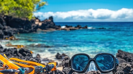 A beach scene featuring snorkeling gear on rocky terrain with a vibrant ocean backdrop.