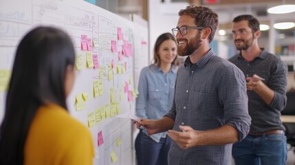Collaborative brainstorming session with sticky notes, whiteboards, and an enthusiastic team in a vibrant office setting, teamwork, idea generation