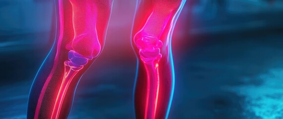 A digital illustration showcasing knee anatomy with highlighted regions indicating potential pain or injury areas.