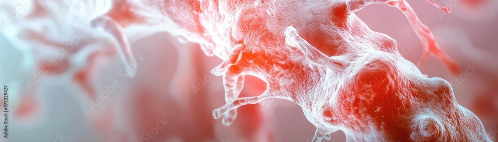 Poster abstract representation of red and white cells in a fluid environment, showcasing organic patterns a