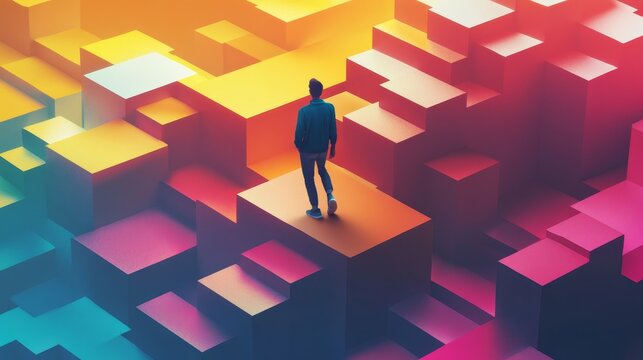 Creative representation of career steps as floating geometric shapes, with a figure climbing them, symbolizing non-linear career paths