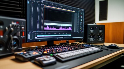 A modern audio editing workspace with a computer, speakers, and control interface.