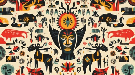 A pattern of interconnected cultural symbols forming a tapestry of global diversity