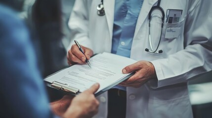 Doctor and patient reviewing consent form, trust and transparency, healthcare consent