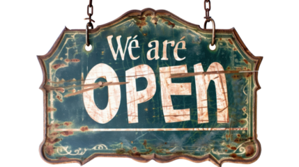 Text we are open sign hanging on transparent background
