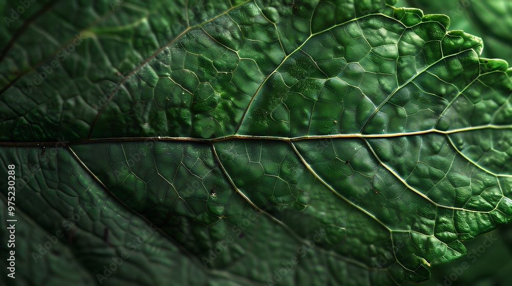 Poster close-up of a green leaf with a focus on the intricate veins and texture of the leaf. the image capt