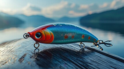 A colorful fishing lure resting on a wooden surface by a serene lake.