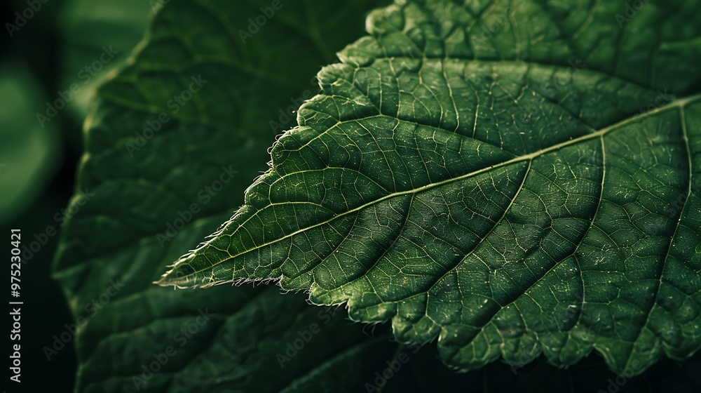 Poster green leaf showcasing the intricate detail and texture of its surface. the vibrant green color and t