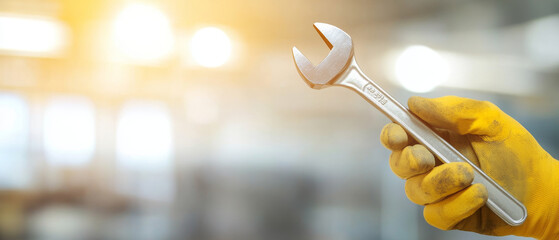 A professional hand holds shiny wrench against blurred background, showcasing tools importance in mechanical work. warm light adds sense of focus and determination
