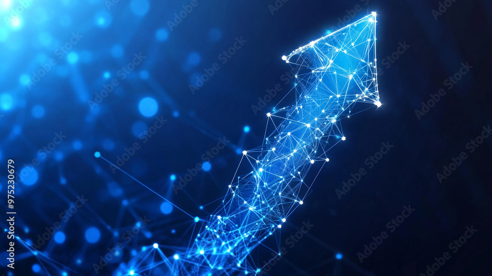 Poster futuristic blue arrow illustration with a network of glowing dots and lines on a dark background