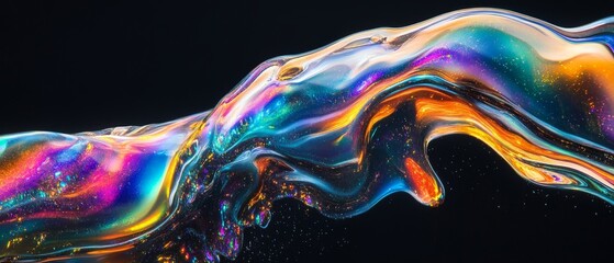 Obraz premium Large Stream of Molten Glass with Rainbow Metallic Sheen Flowing Across a Pitch-Black Background