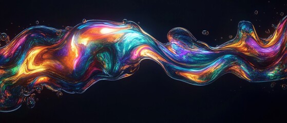 Obraz premium Large Stream of Molten Glass with Rainbow Metallic Sheen Flowing Across a Pitch-Black Background