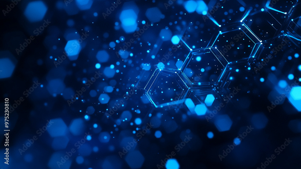 Poster abstract illustration of glowing blue hexagonal shapes in a dark space with shimmering particles