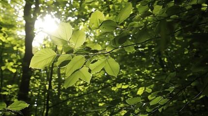 Fototapeta premium Close-up view of green leaves bathed in sunlight, showcasing the beauty of nature and the intricate details of the forest canopy.