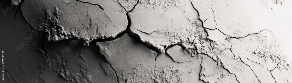Poster a detailed close-up of cracked surface texture displaying unique patterns in monochrome tones, ideal