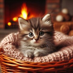 S&uuml;sses K&auml;tzchen vor einem Kamin