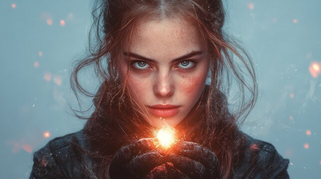 A determined woman holding a glowing light in her hands, evoking power and mystery.