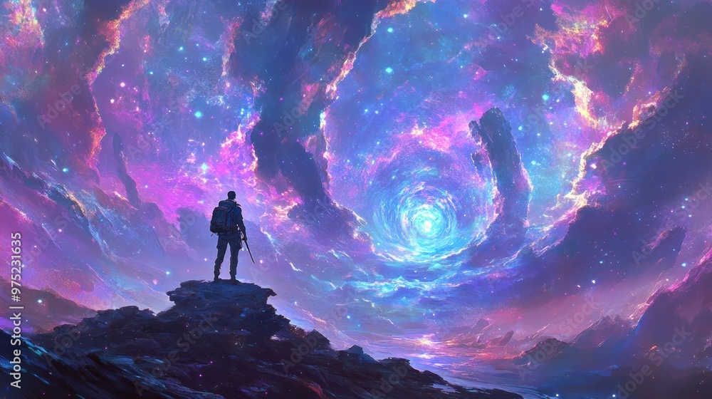 Poster A lone figure stands on a rocky outcrop, gazing into a vibrant cosmic vortex.