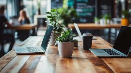 A stylish and modern workspace with laptops and coffee, people discussing the latest trendy topics in a collaborative environment