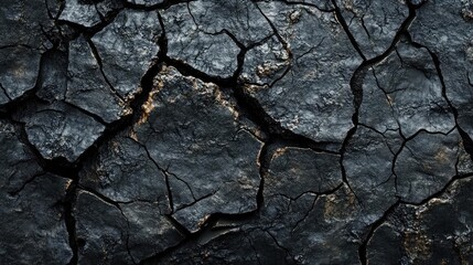Fototapeta premium Close-up view of cracked black surface, showcasing textured patterns and details, ideal for backgrounds and design projects.